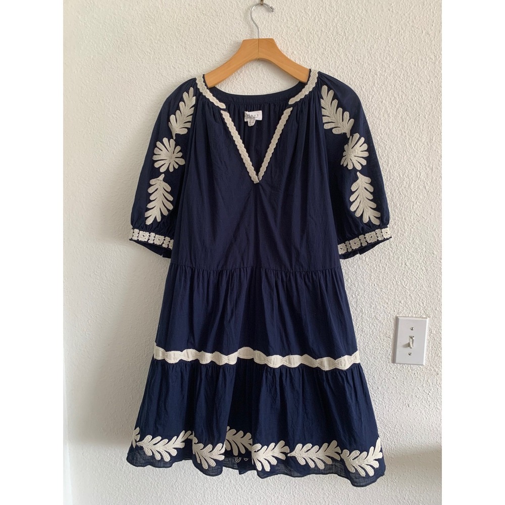 Anthropologie Velvet by Graham & Spencer Dress Embroidered Navy Boho Puff Sleeve